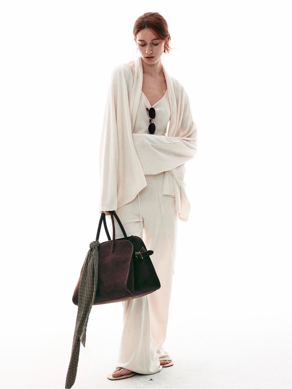 Cream knit set: cardigan, cami and pants